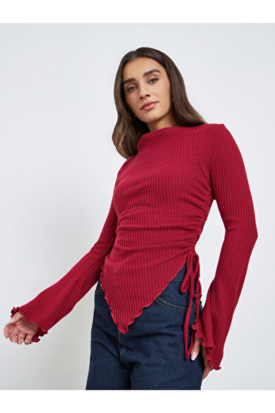 Styli Burgundy Ribbed Asymmetric Hem Long Sleeve Top