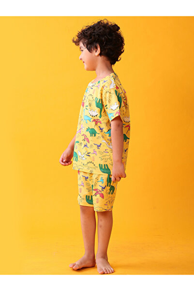 Anthrilo By Styli Kids Yellow Dinosaur Print Cotton T-Shirt and Shorts Set