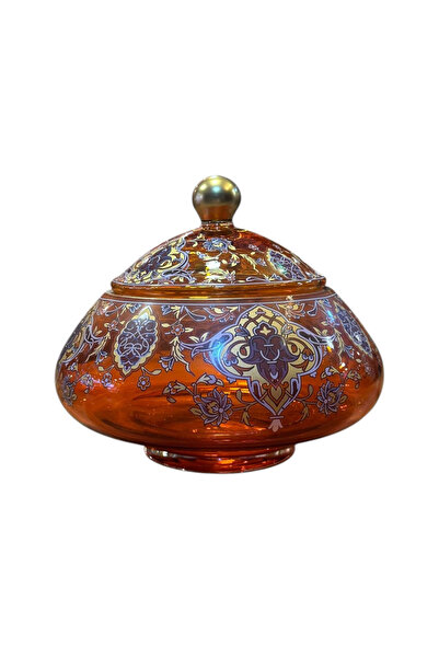 GÜRSES HOME Turuncu Cam Kapaklı Kâse, El İşçiliği, Salon Aksesuar Konsol