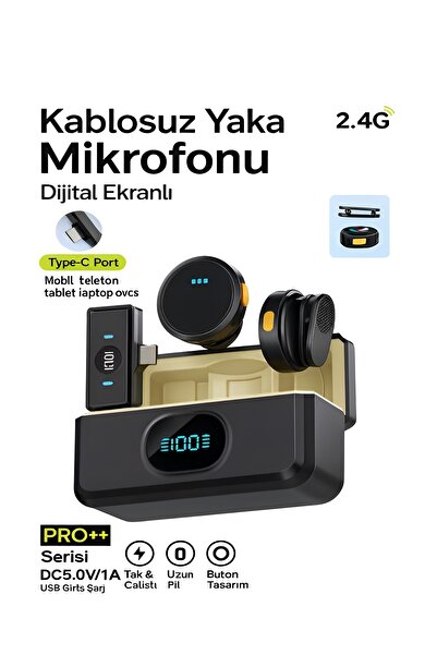DEANB Type-C Girişli 300mAh Dijital Ekranlı 2.4G Kablosuz Çift Yaka Mikrofonu...
