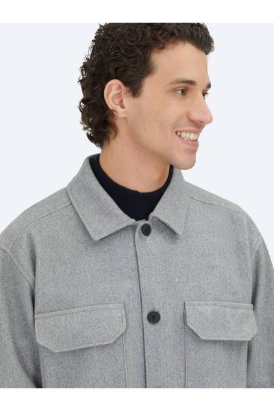 Kip Gray Plain Regular Fit Woven Overshirt