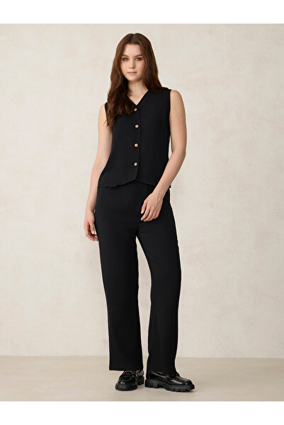 Outzidr By Styli Black Solid Waistcoat and Trousers Co-Ords