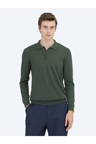 Kip Green Polo Neck Plain Knit Wool Blend Sweater