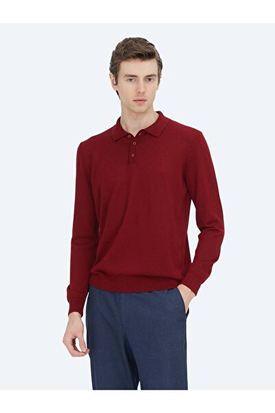 Kip Red Polo Neck Plain Knit Wool Blended Sweater