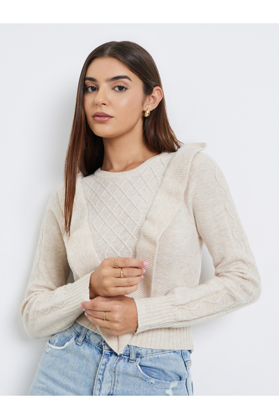 Take Two By Styli Beige Cable Knit Sweater with Ruffle Detail
