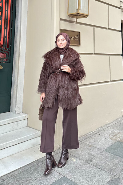 LOCCO Γυναικείο παλτό με λεπτομέρεια με ζώνη με δαχτυλίδι, καφέ πικρό