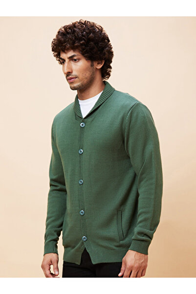 Globus By Styli Men Green Mock Collar Acrylic Cardigan