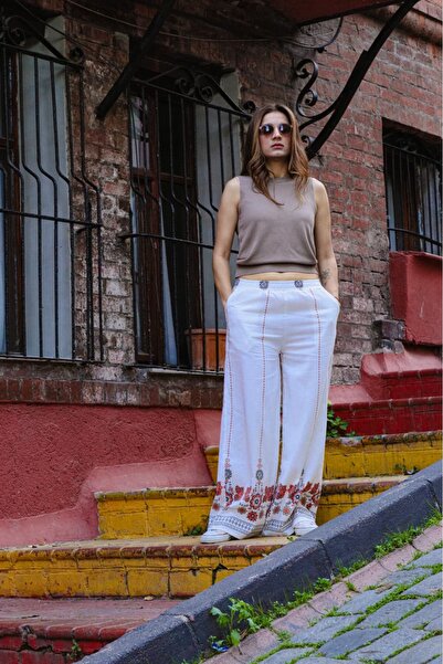 Oiki Etnik Nakış Desenli Bohem Tarz Keten Pantolon