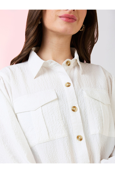 Globus By Styli White Textured Crop Shirt with Puffed Sleeves