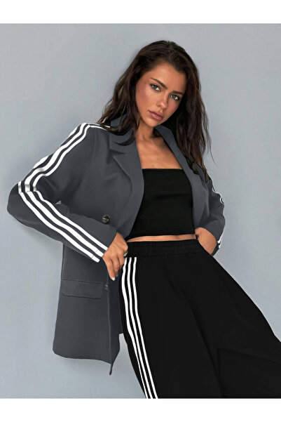 Take Two By Styli Grey Double Breasted Blazer with Side Stripe