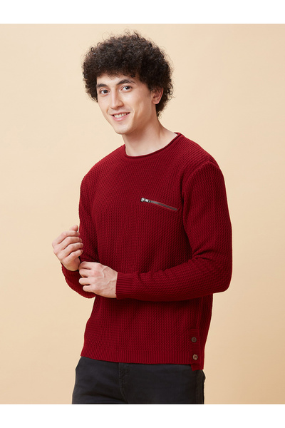 Globus By Styli Men Maroon Striped Knitted Sweater