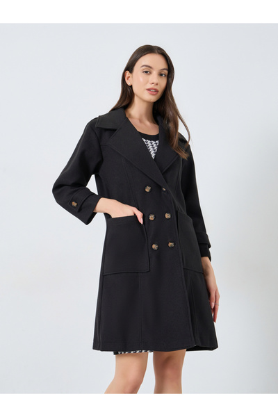 Take Two By Styli Black Double Breasted Wool Like Coat with Pocket Detail