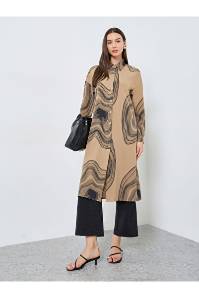 Take Two By Styli Brown Marble Print Longline Shirt and Pants Co-Ords