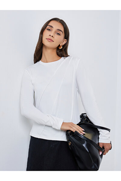 Styli White Long Sleeve T-Shirt with Pipping Detail