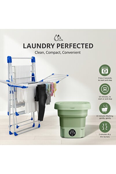 Primo Plus غسالة ملابس محمولة قابلة للطي بسعة 8 لتر مع رف لتجفيف الملابس باللون الأبيض / الأزرق