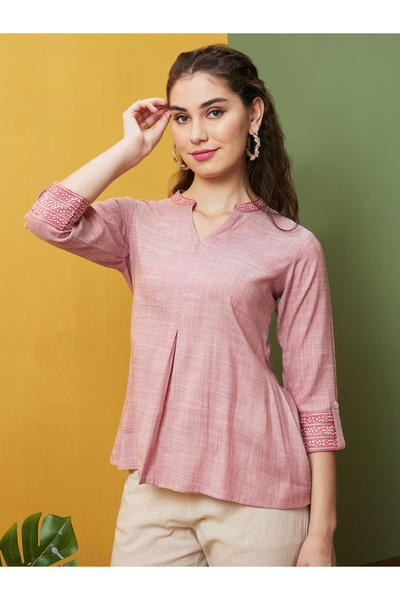 Globus By Styli Embroidered Mandarin Collar Flared Hem Tunic