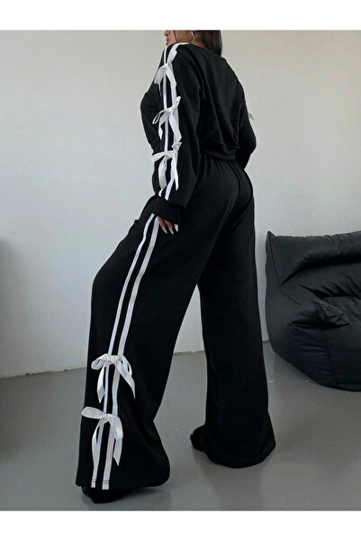 Take Two By Styli Side Striped Bow Detail Sweatshirt and Wide Pants Co-Ords