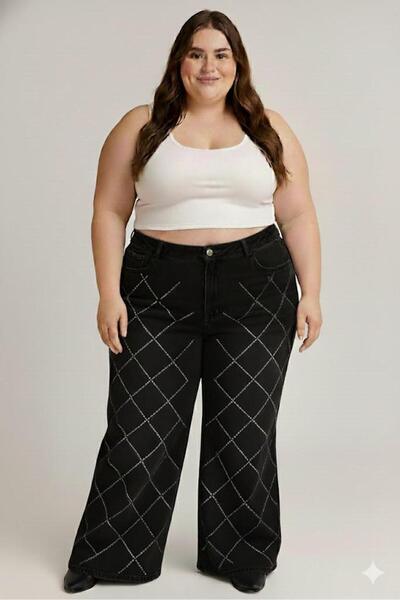 nd jeans Plus Size Jeans- Premium High Waist Wide Leg Diamond Pattern Stone Jeans