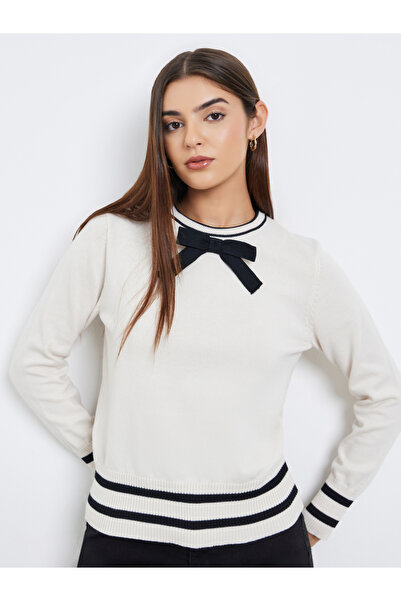Take Two By Styli Off White Knit Sweater with Bow Trim