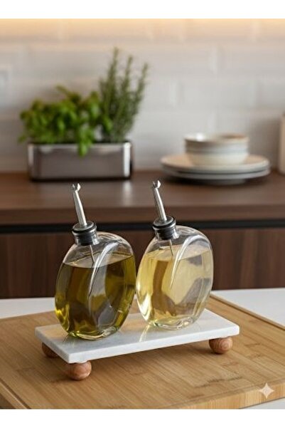 morponi Set of 2 Oil and Sauce Bowls with Marble Stand and Silver Head, 500 ml Curved Model