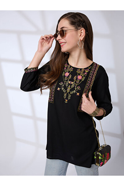 Globus By Styli Floral Embroidered Yoke Fusion Tunic