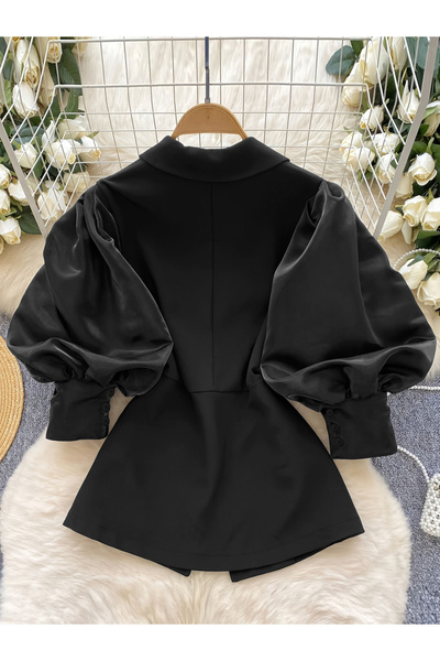 Take Two By Styli Black Puff Sleeve Slim Fit Blazer