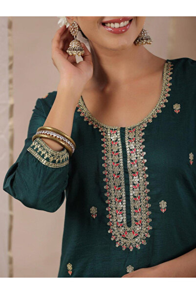 Ishin By Styli Emerald Green Silk Blend Kurta with Pants Set