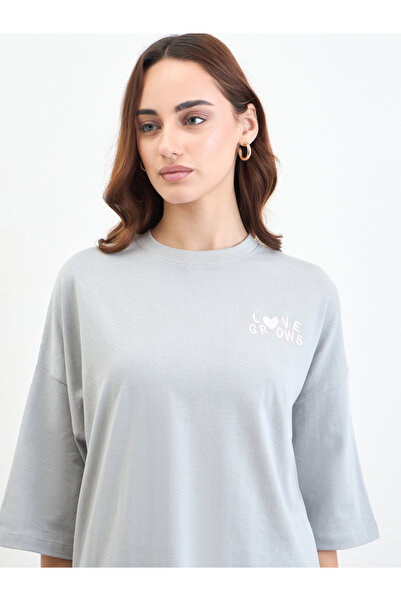 Styli Grey Oversized T-Shirt with 3/4 Sleeves