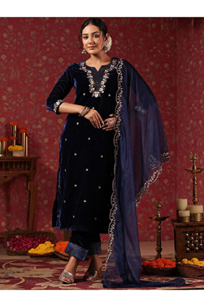 Ishin By Styli Navy Blue Velvet Kurta with Pants and Dupatta Set