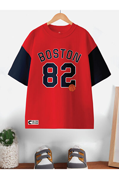 CODEZ By Styli Kid Red Cotton Boston Print Oversized T-Shirt