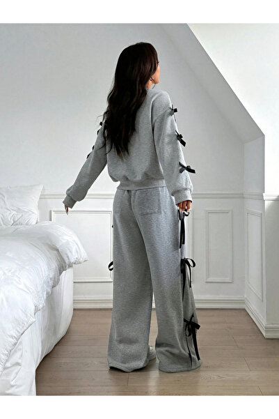 Take Two By Styli Side Striped Bow Detail Sweatshirt and Wide Pants Co-Ords