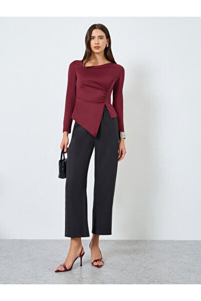 Take Two By Styli Solid Irregular Neck Slit Hem Long Sleeve Top