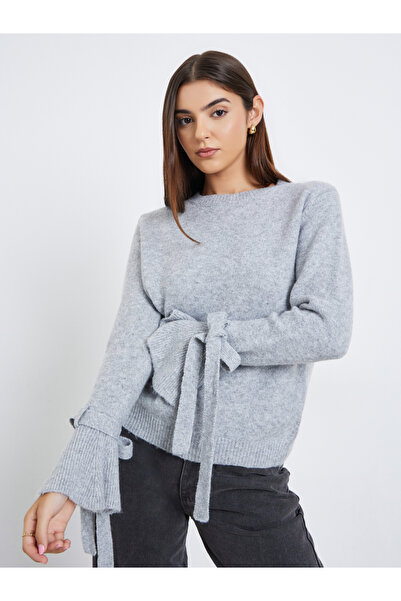 Take Two By Styli Women Grey Solid Bow Detail Flared Cuff Sweater