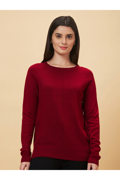 Globus By Styli Women Red Ribbed Hem Acrylic Sweater