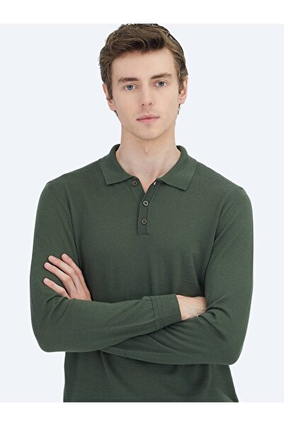 Kip Green Polo Neck Plain Knit Wool Blend Sweater