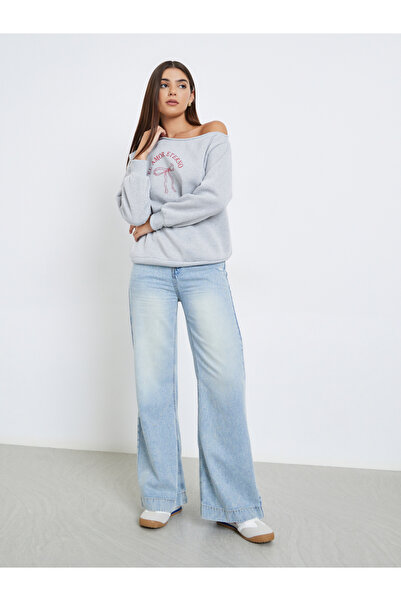 Styli Asymmetric Neck Graphic Print Sweatshirt