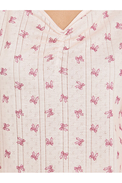 Styli Bow Print Pointelle Dropped Shoulder T-Shirt and Wide Leg Pyjama Set