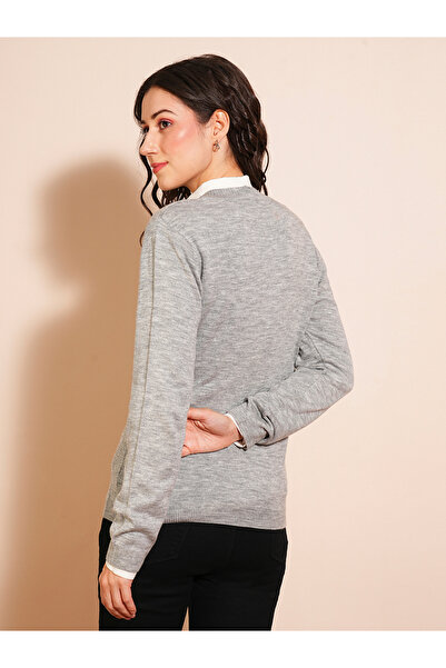 Globus By Styli Women Grey Ribbed Hem Cardigan Sweater