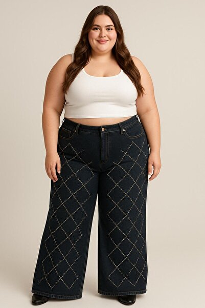 nd jeans Plus Size Jeans- Premium High Waist Wide Leg Diamond Pattern Stone Jeans