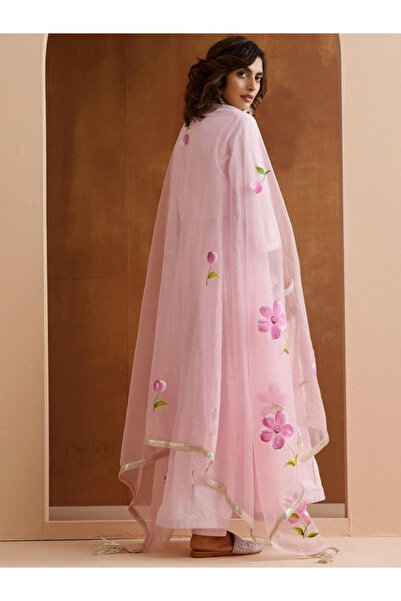 Ishin By Styli Pink Cotton Kurta with Pants and Dupatta Set