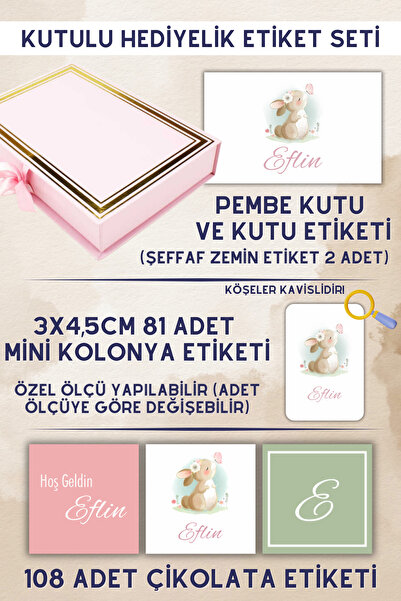 Netsan Etiket Tavşan Desen Kız Bebek Hediyelik Etiket Seti - Kutu, Çikolata E...