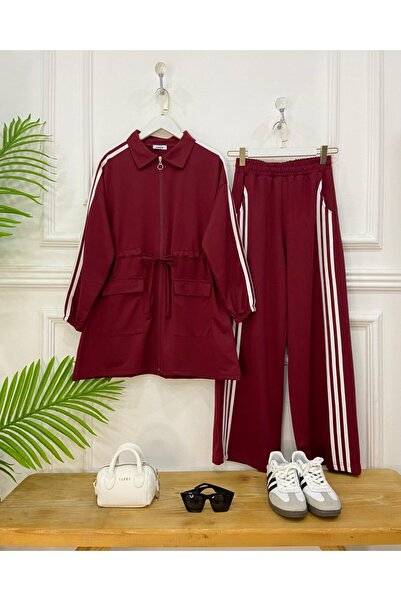 onix anika fermuarlı şeritli pantolonlu tesettür eşofman takım bordo