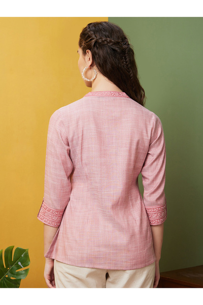 Globus By Styli Embroidered Mandarin Collar Flared Hem Tunic