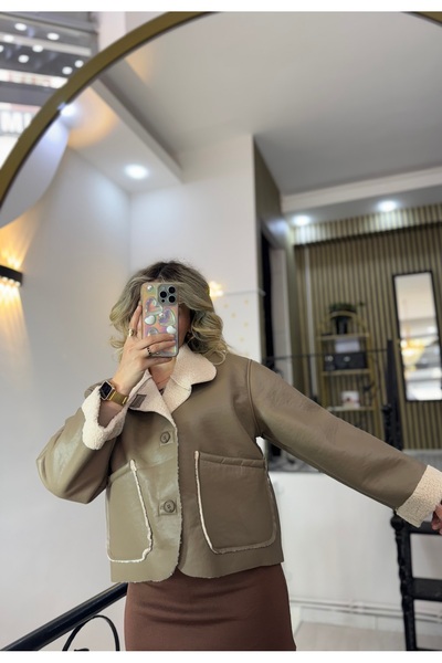Butik Haki vizon deri içi kürklü kısa ceket mont
