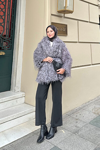 LOCCO Γυναικεία ζώνη λεοπάρ με λεπτομέρεια από γούνα σε γκρι χρώμα