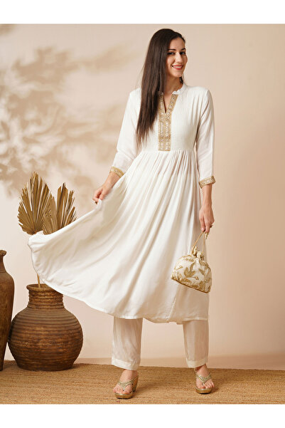 Globus By Styli Mandarin Collar Gotta Lace Yoke A-Line Ethnic Kurta