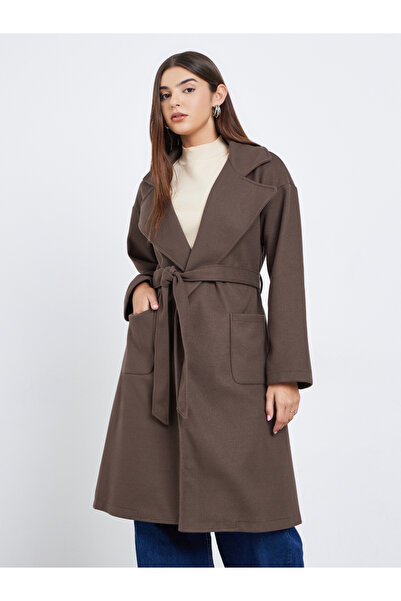 Take Two By Styli Brown Regular Fit Wool Like Midi Coat