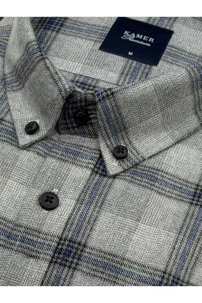 KAMER Regular Fit Winter Long Sleeve Buttoned Collar Plaid Gray Shirt 3874g