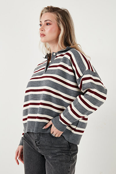 Lela Striped Oversized Fit Buttoned Polo Neck Sweater Polo Neck Sweater 4615259
