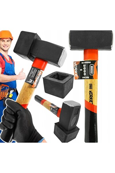 VERKE Ciocan din cauciuc cu cap dreptunghiular, 2000 g negru, maner din lemn,